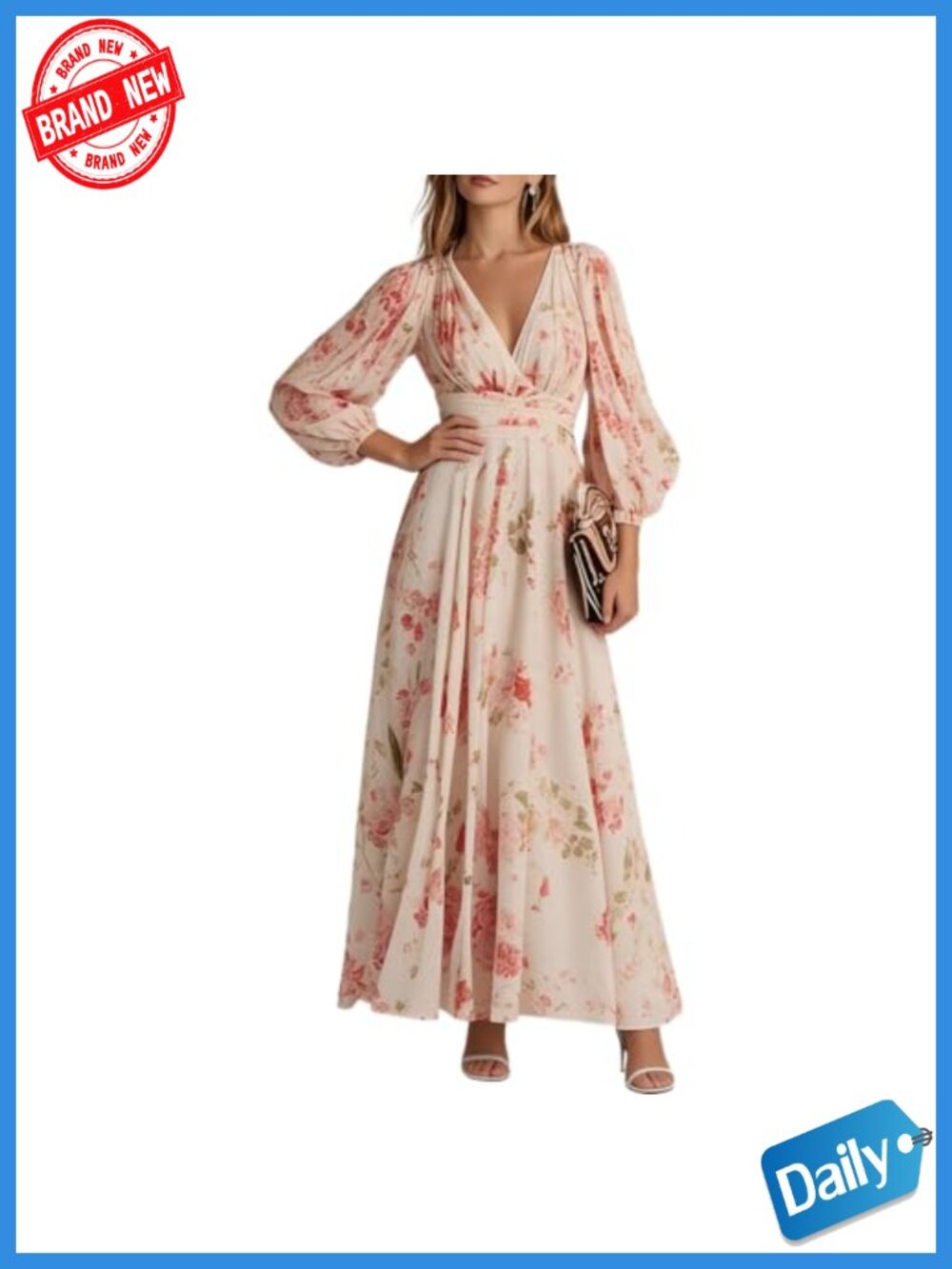 Long Sleeve Maxi Dress with Zipper Back - Boho Floral Chiffon Tulle Flowy